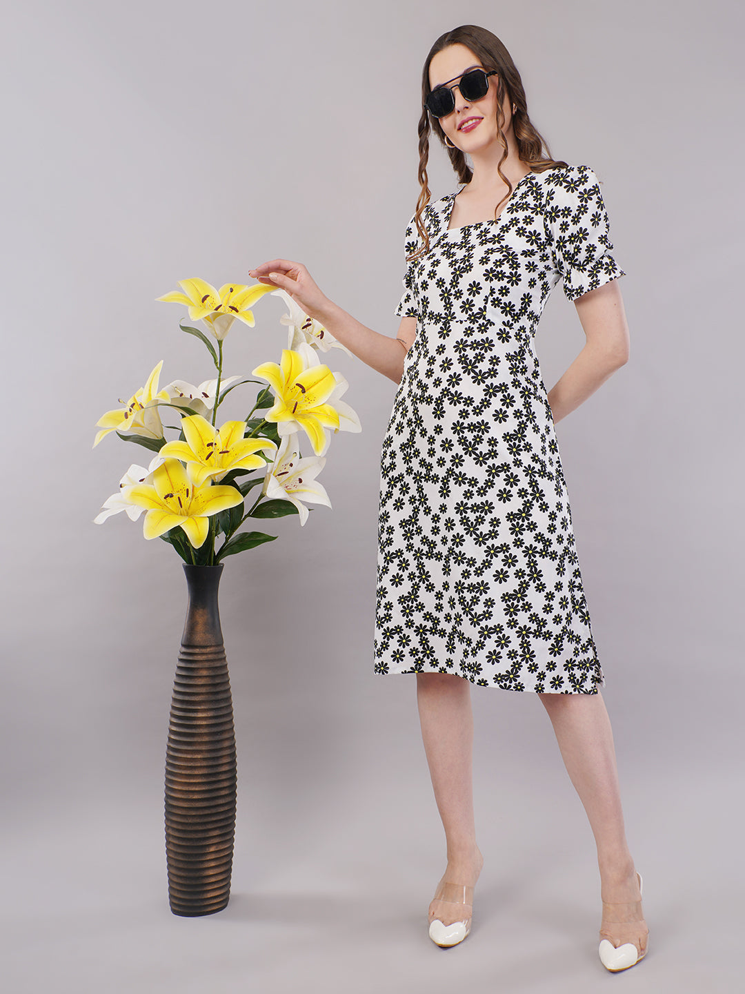 White black  floral midi dress
