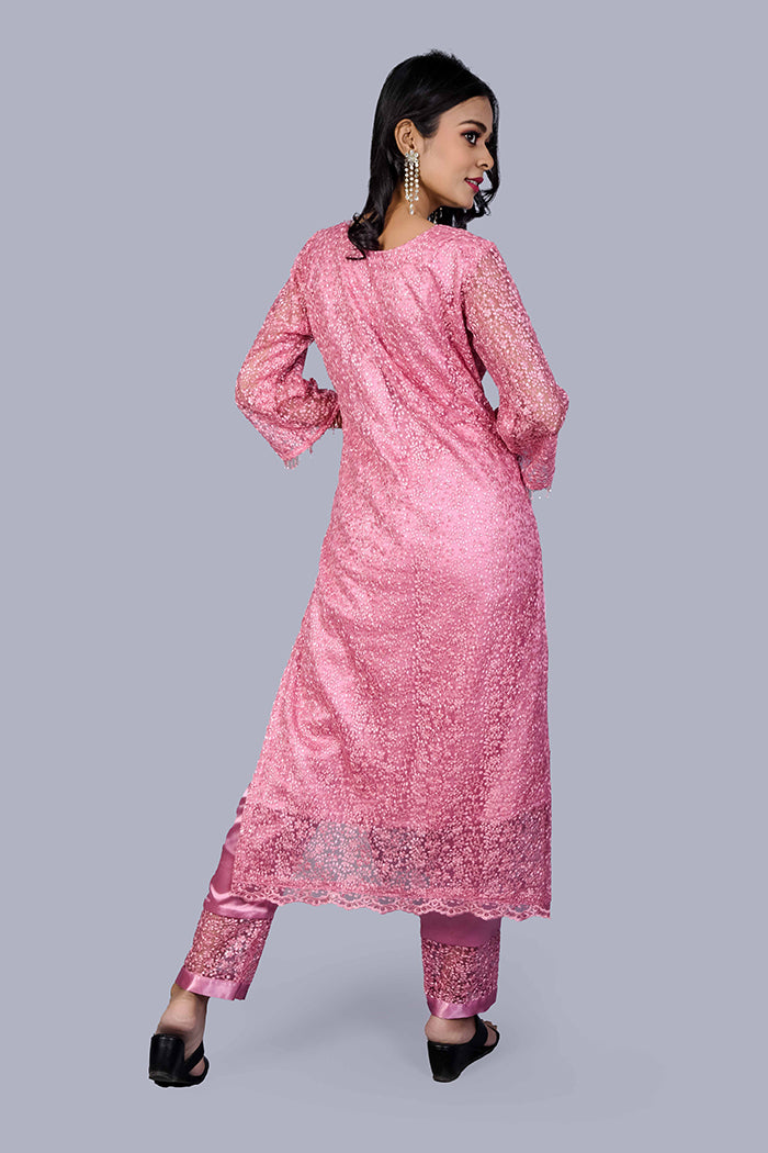 Peach sequence satin kurti set