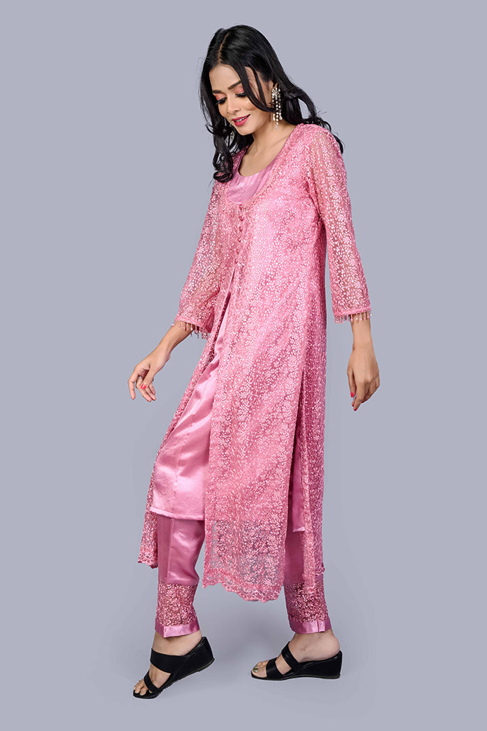 Peach sequence satin kurti set