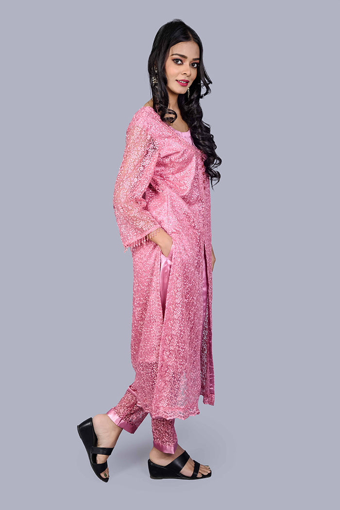 Peach sequence satin kurti set