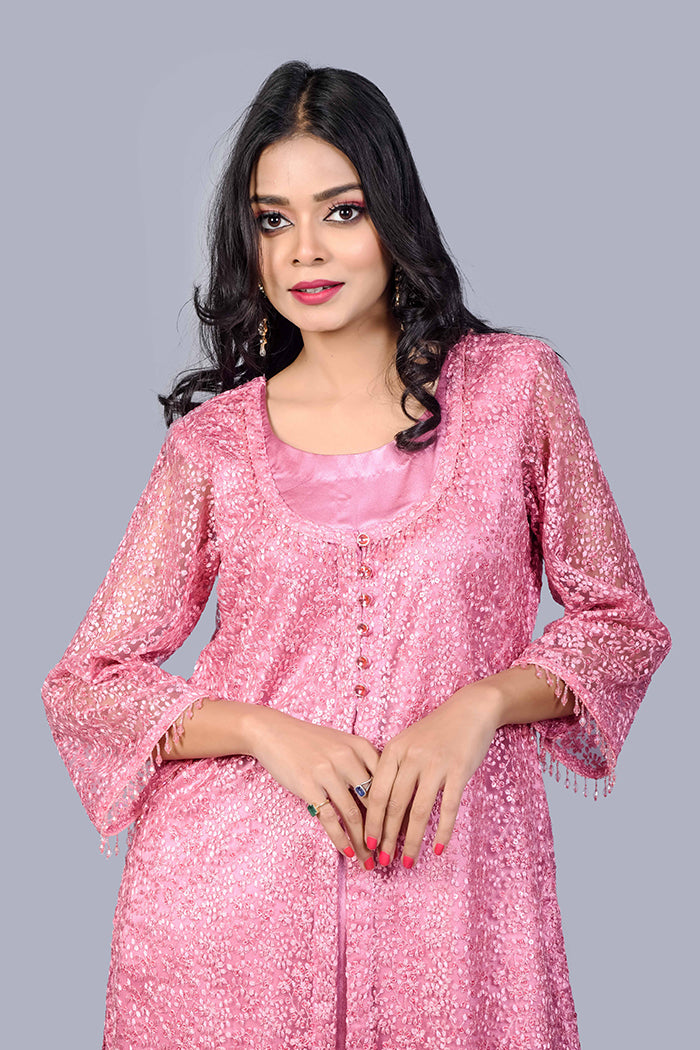 Peach sequence satin kurti set