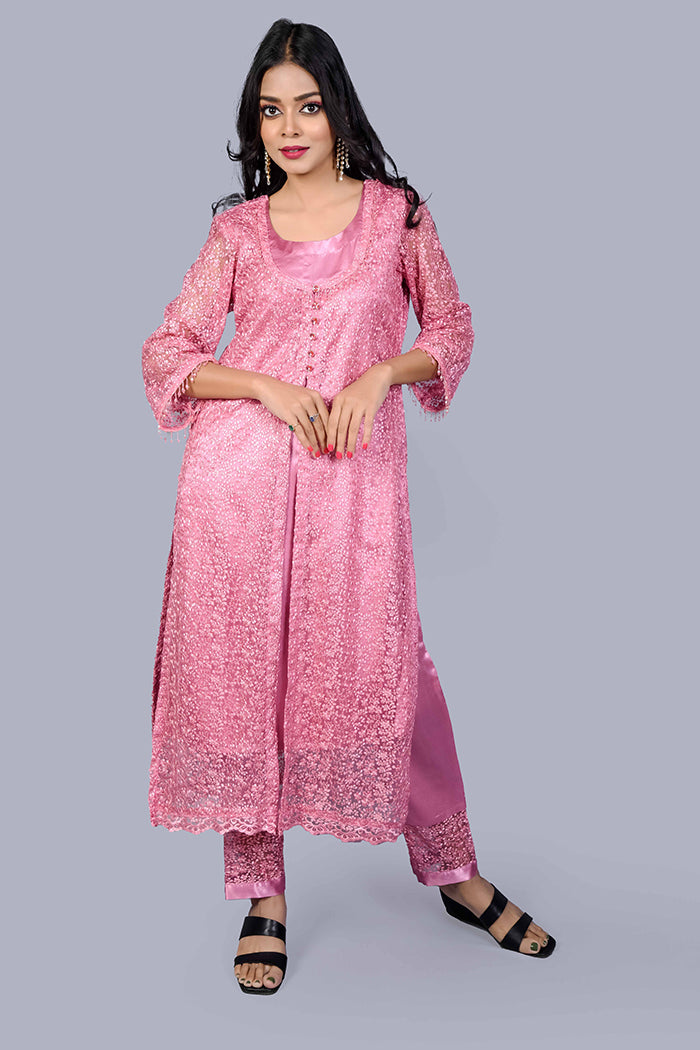 Peach sequence satin kurti set