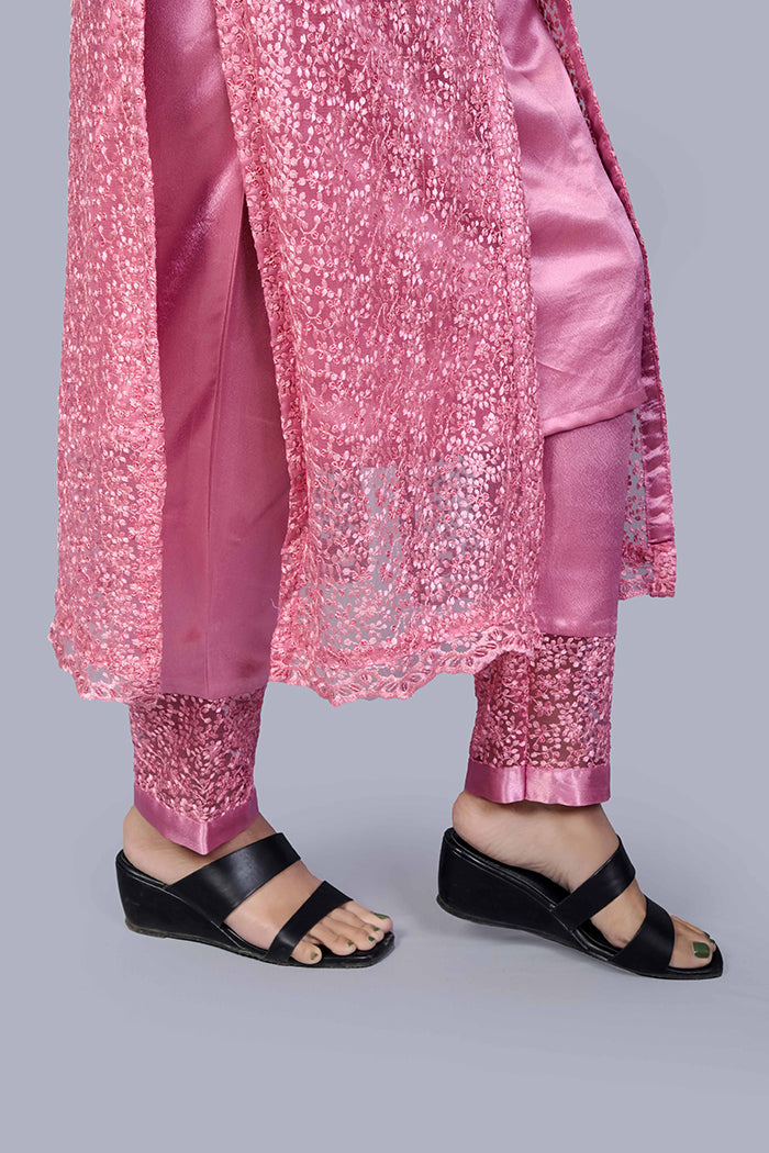 Peach sequence satin kurti set