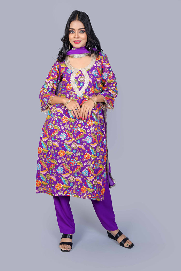 Purple embroidery kurti set