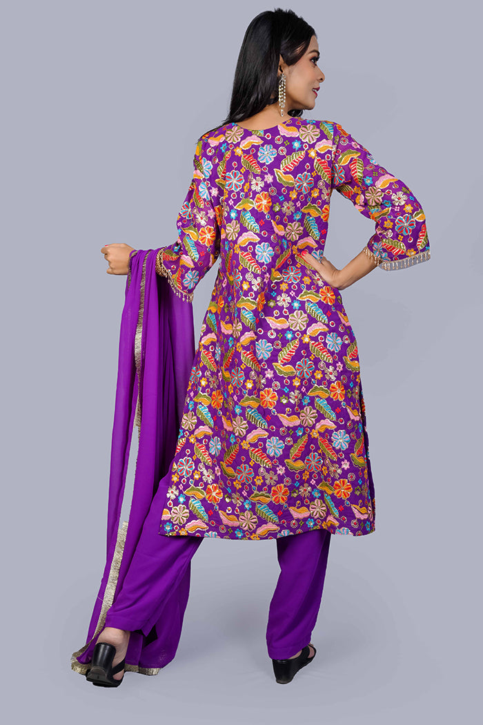 Purple embroidery kurti set