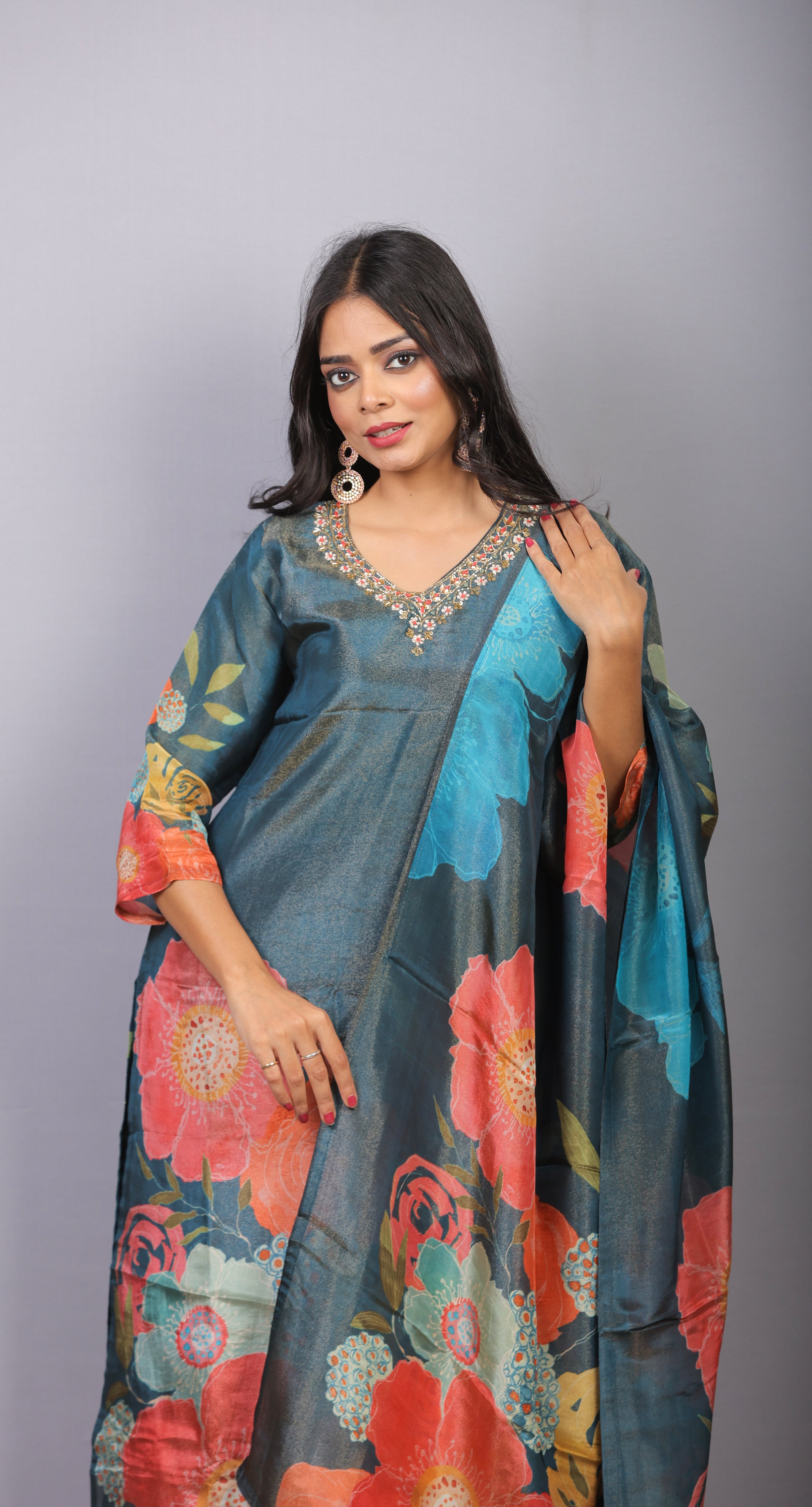 Mishy Blue shimmer silk straight kurti set with neck detail