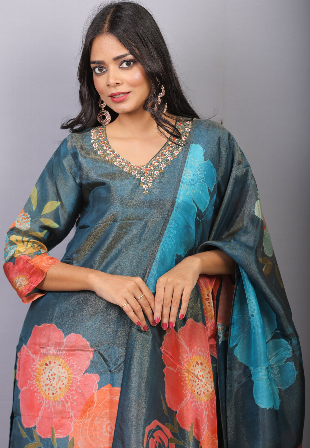 Mishy Blue shimmer silk straight kurti set with neck detail