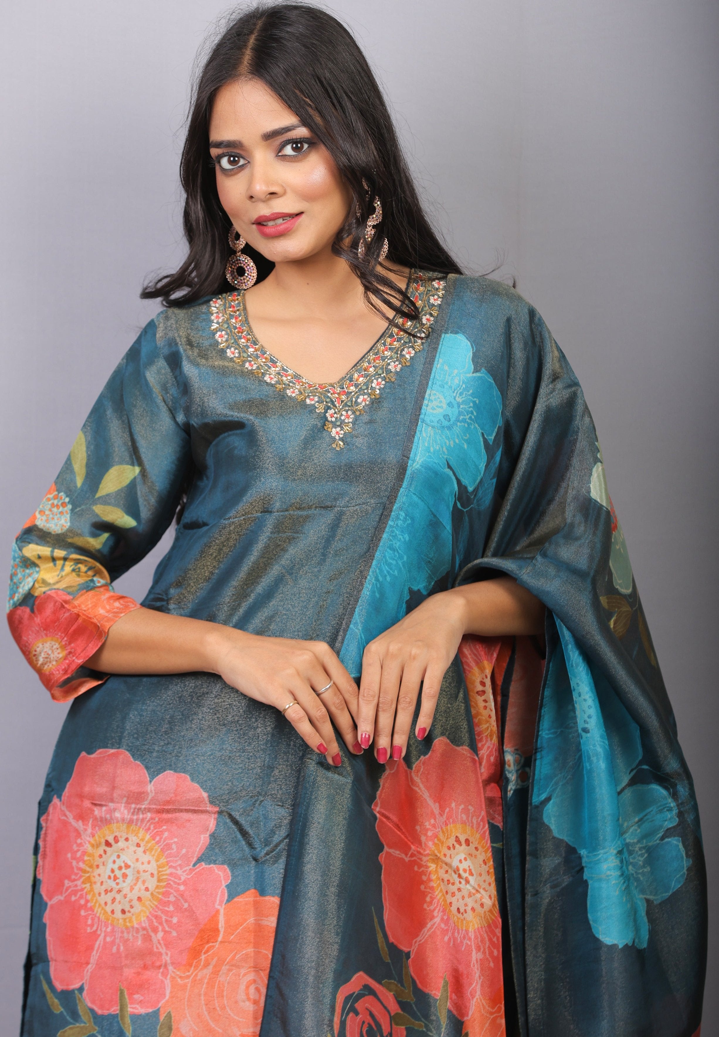 Mishy Blue shimmer silk straight kurti set with neck detail