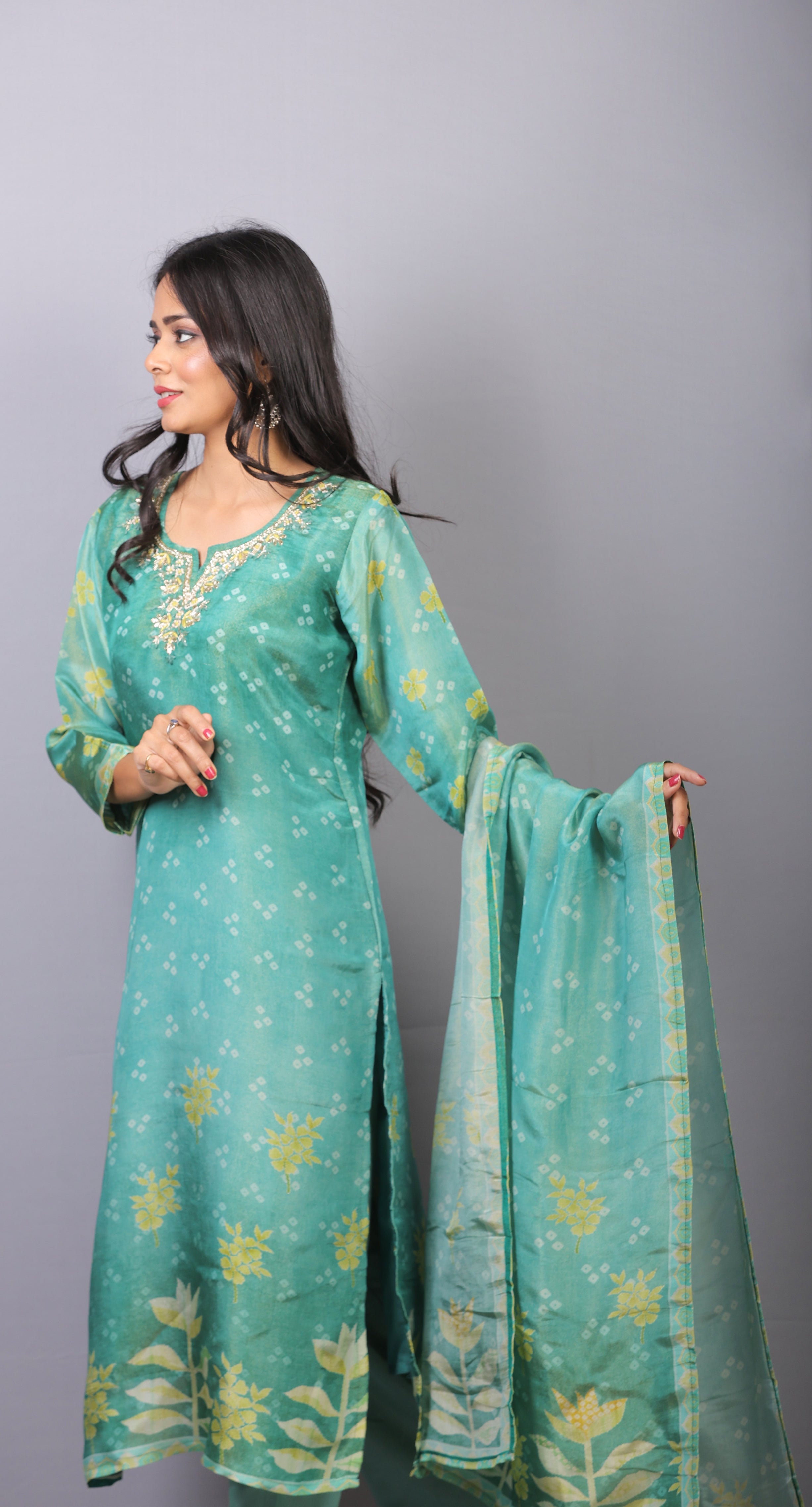 Mishy Sea green shimmer Straight kurti set