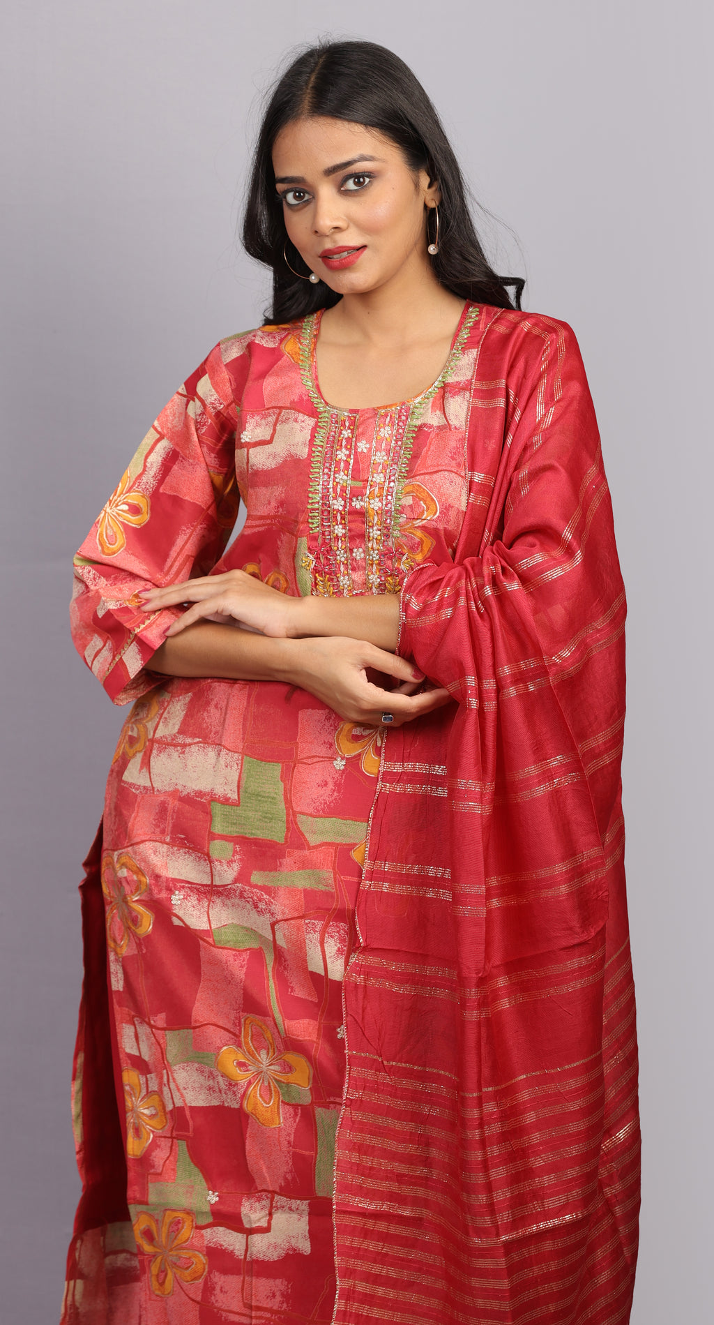 Mishy  Peach red  kurti set with Embroidery detail