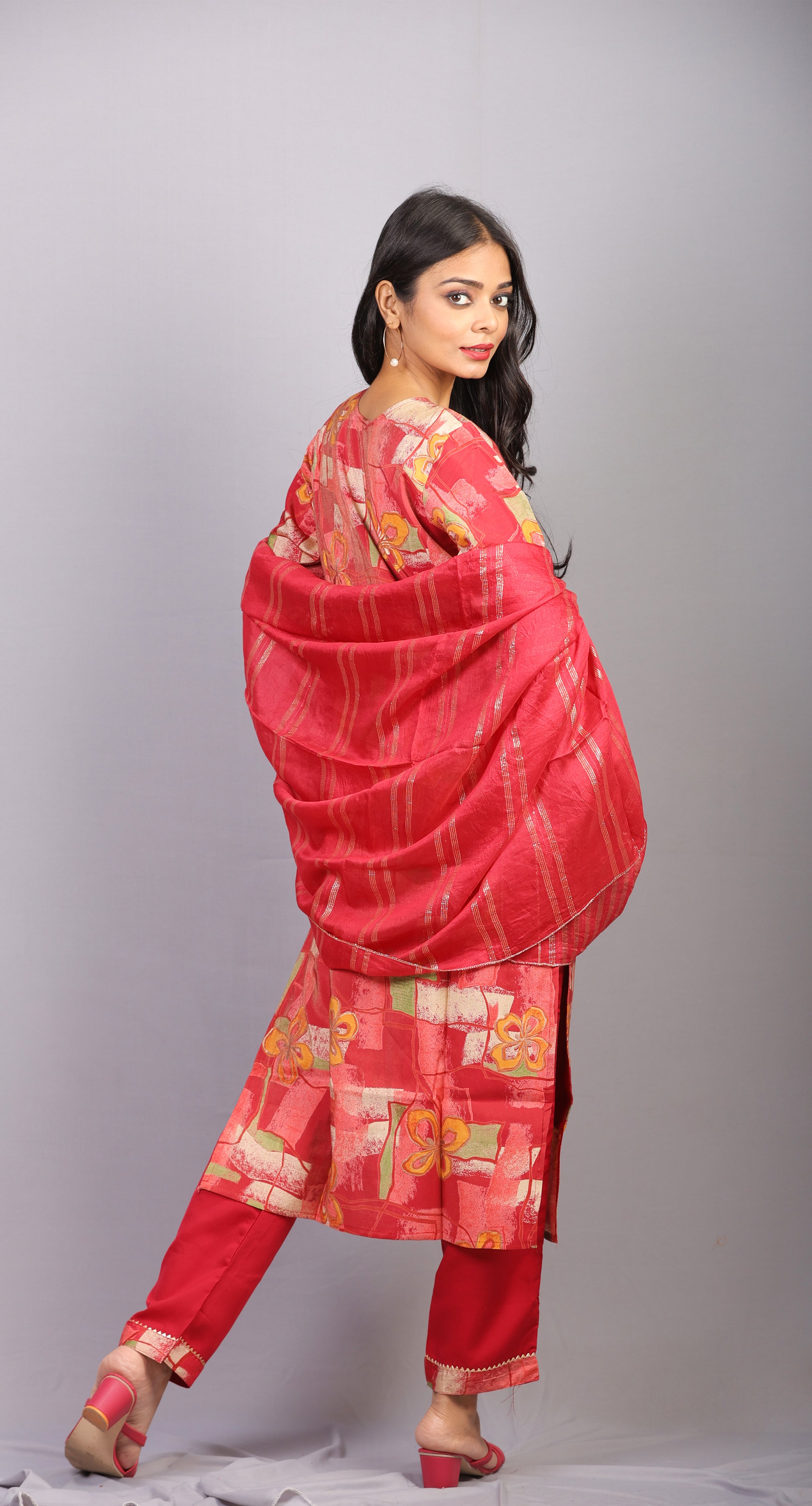 Mishy  Peach red  kurti set with Embroidery detail