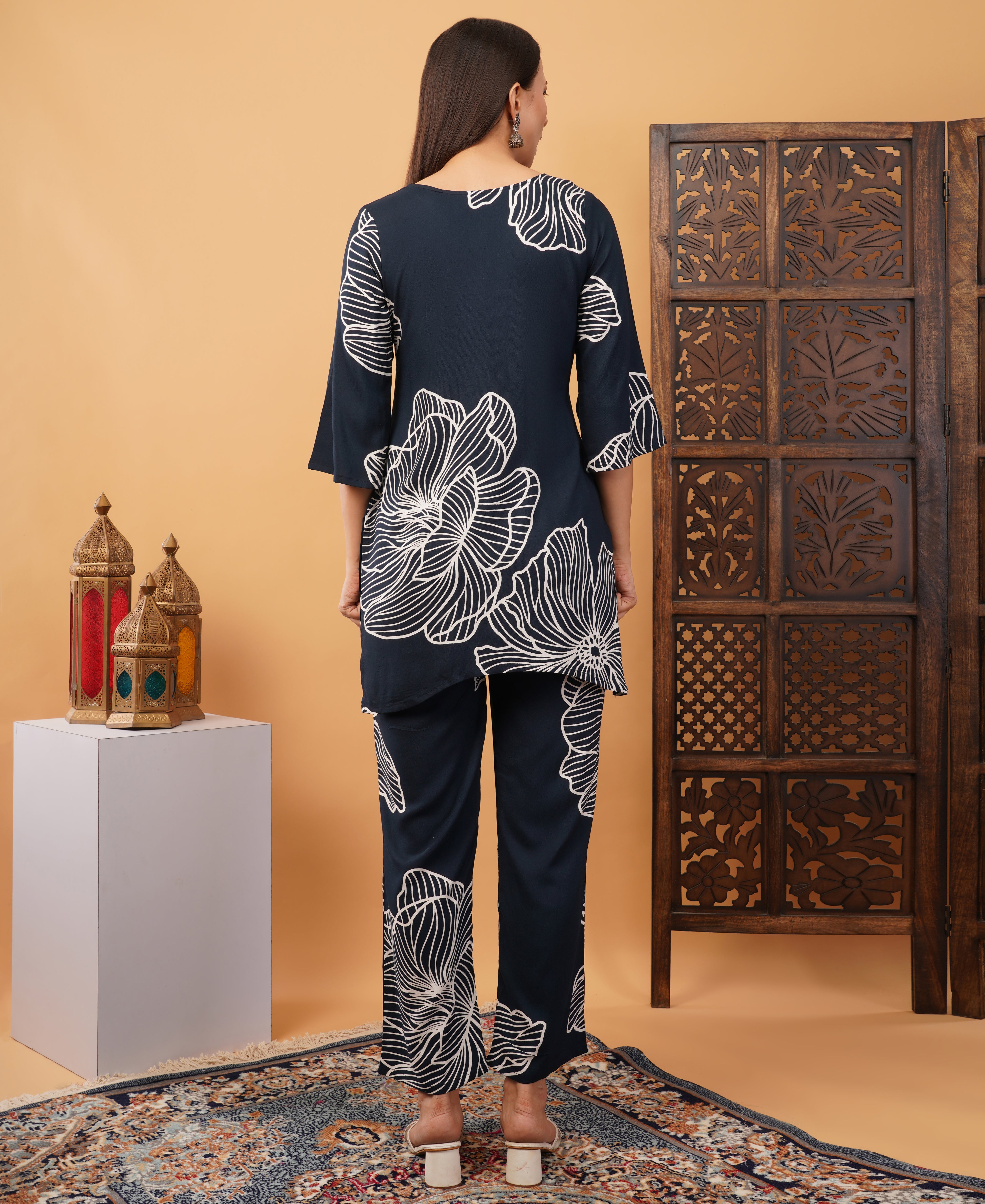 Printed Co ord set Navy blue