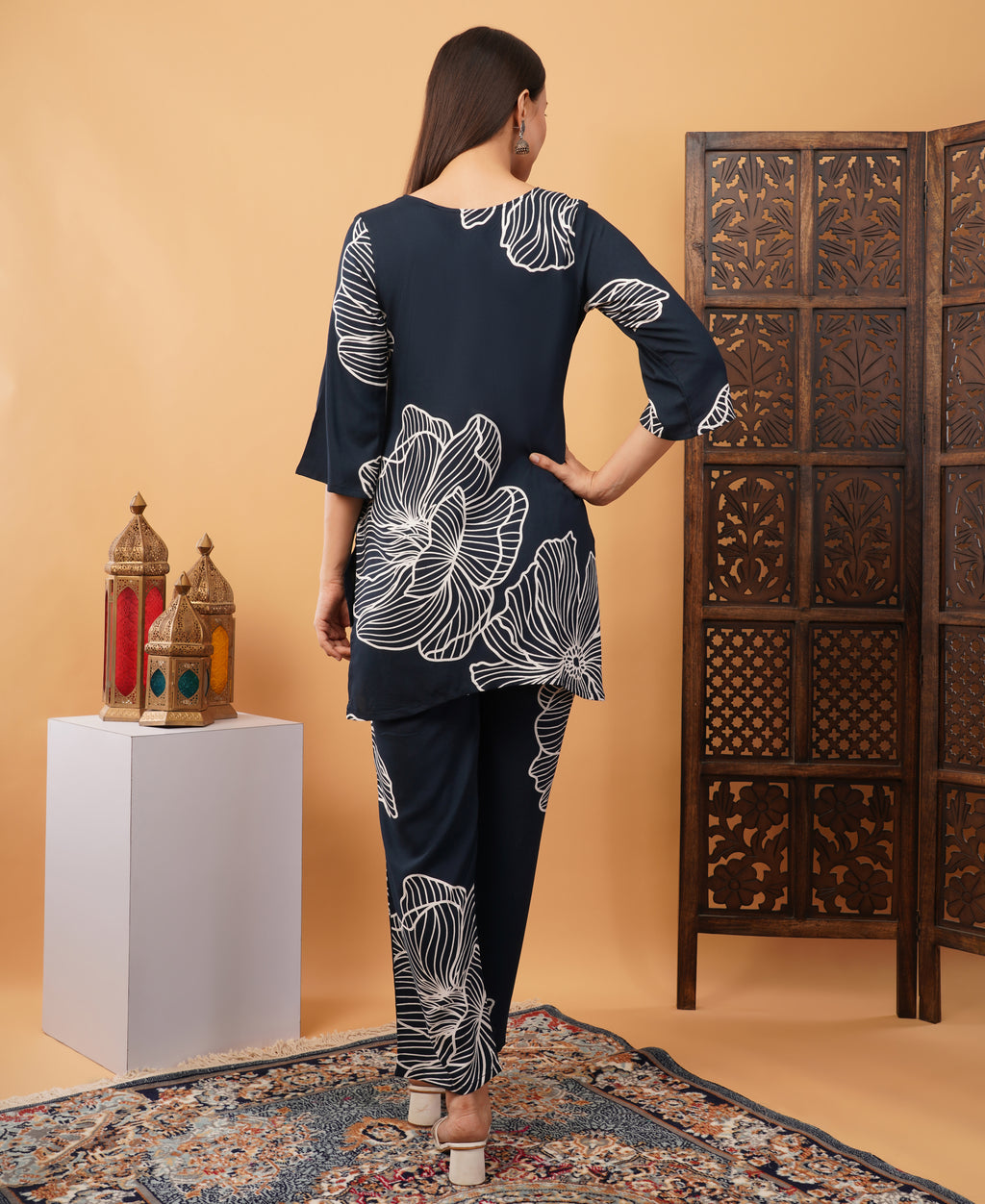 Printed Co ord set Navy blue