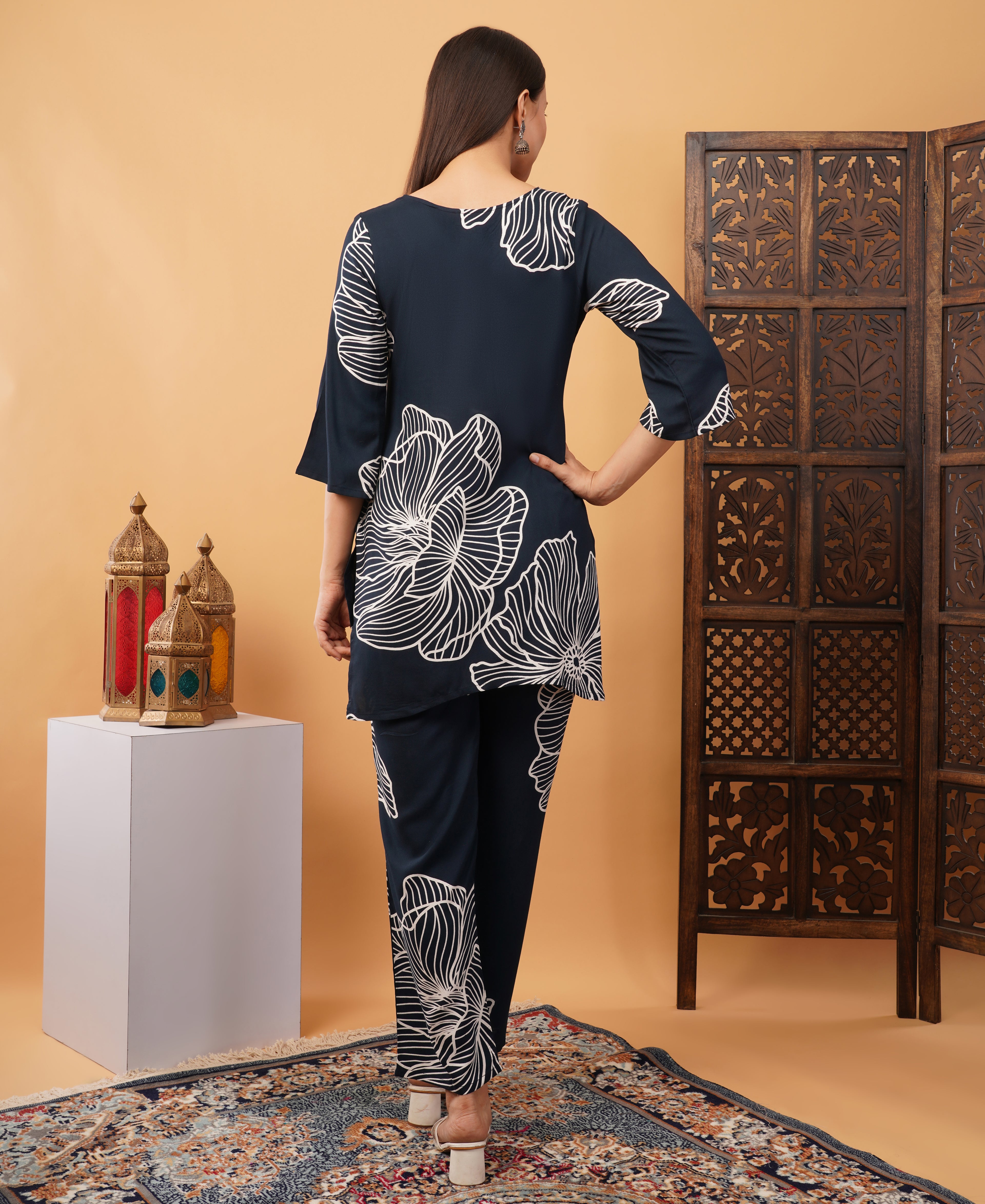 Printed Co ord set Navy blue