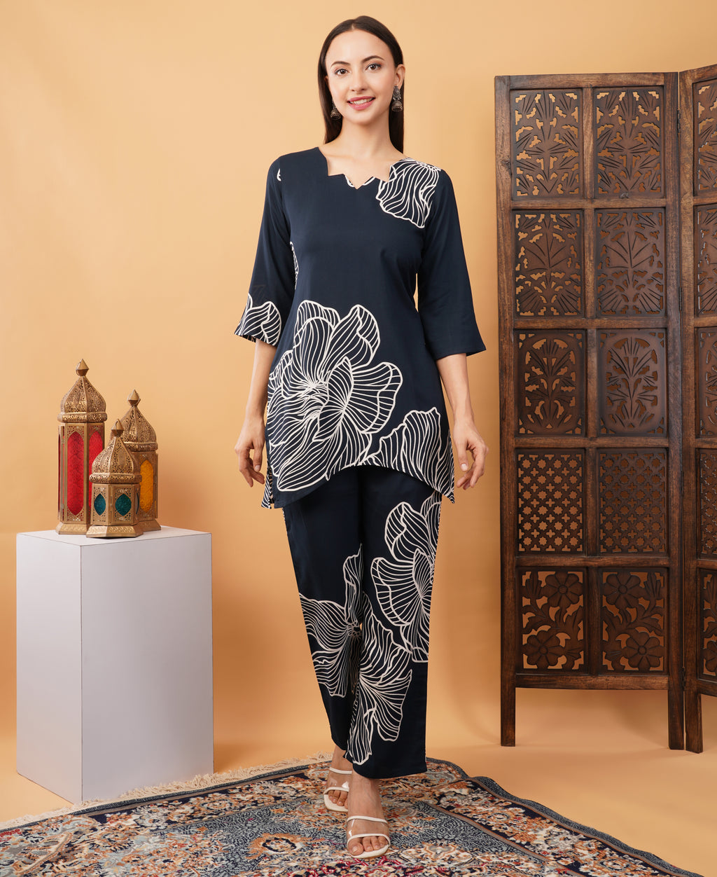 Printed Co ord set Navy blue