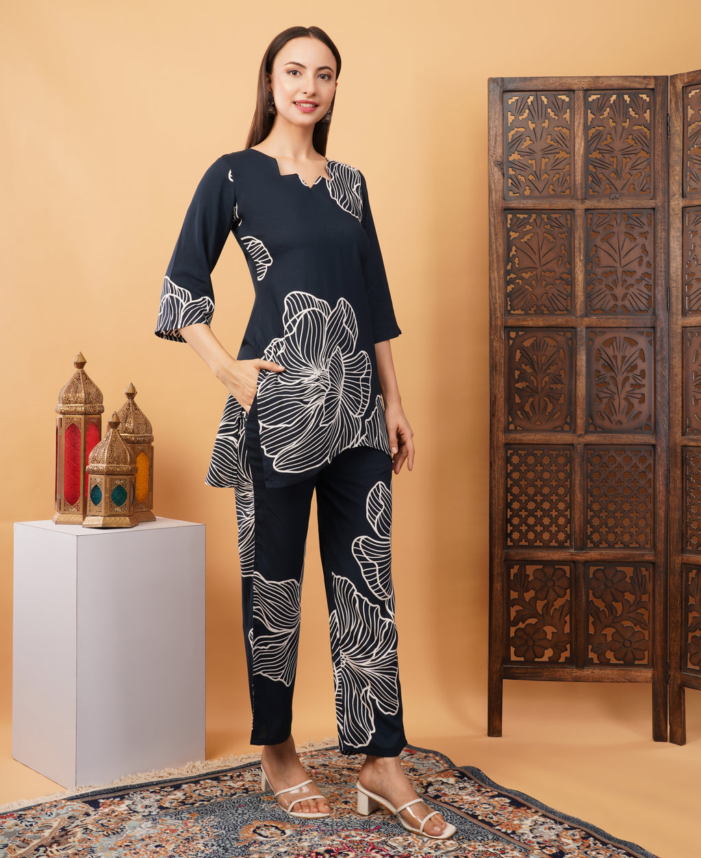 Printed Co ord set Navy blue
