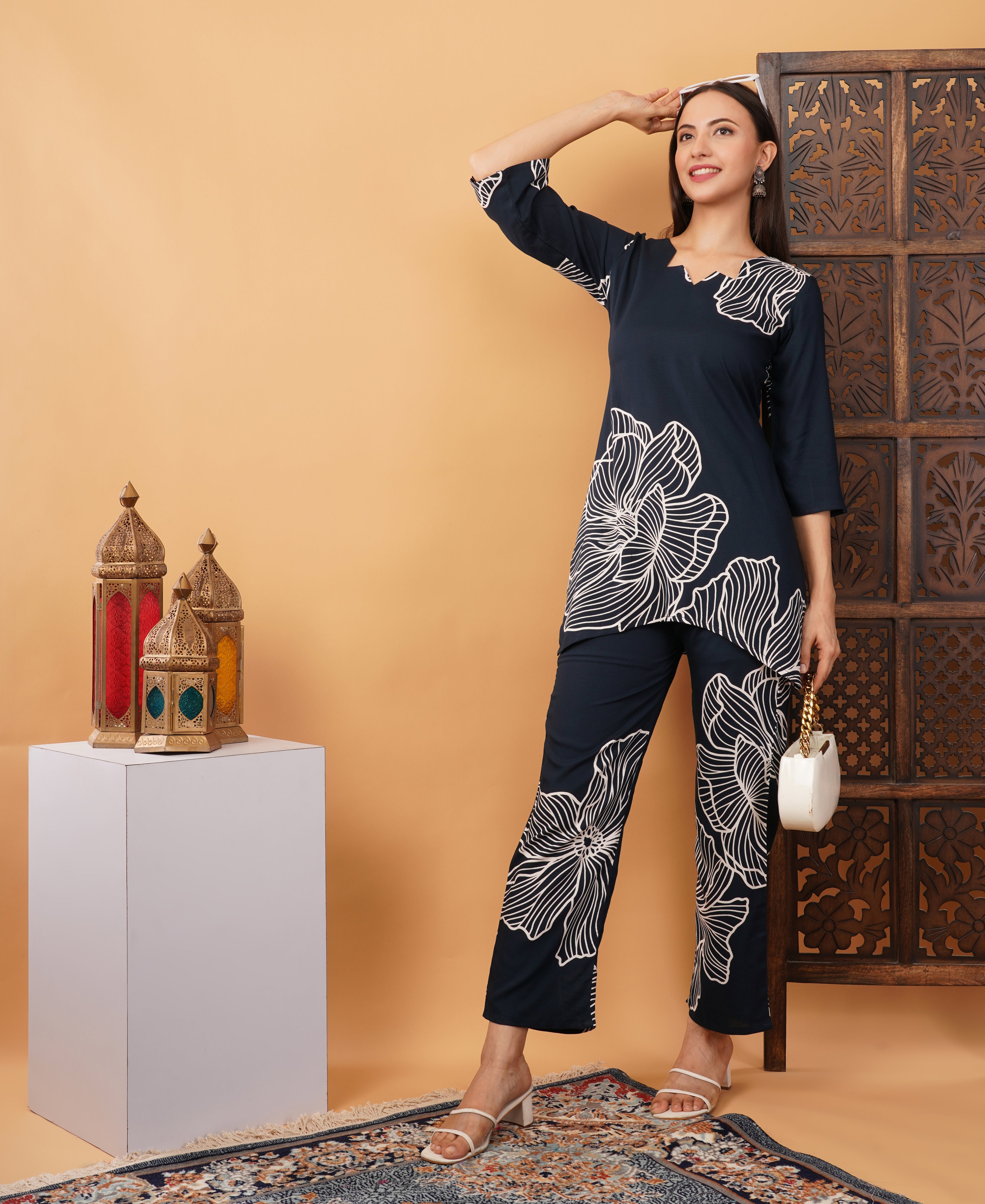 Printed Co ord set Navy blue