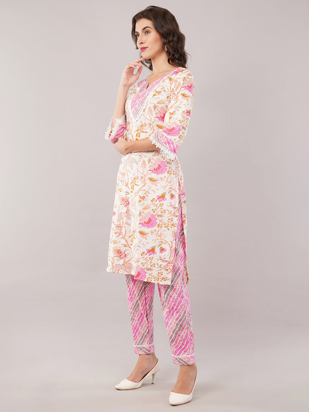 Pink white lehariya cotton set
