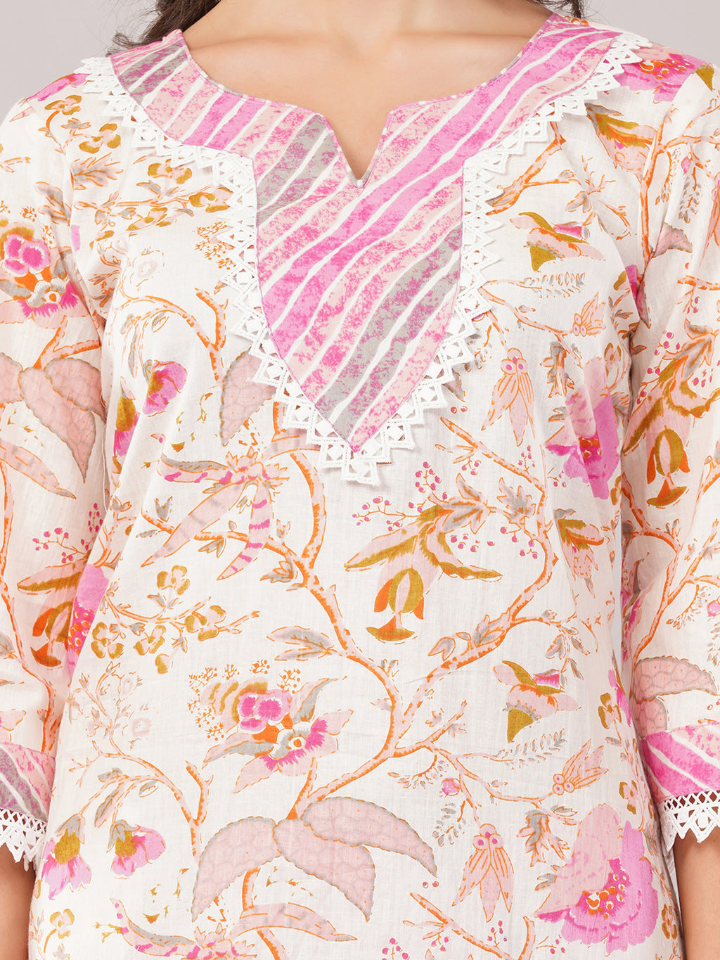 Pink white lehariya cotton set