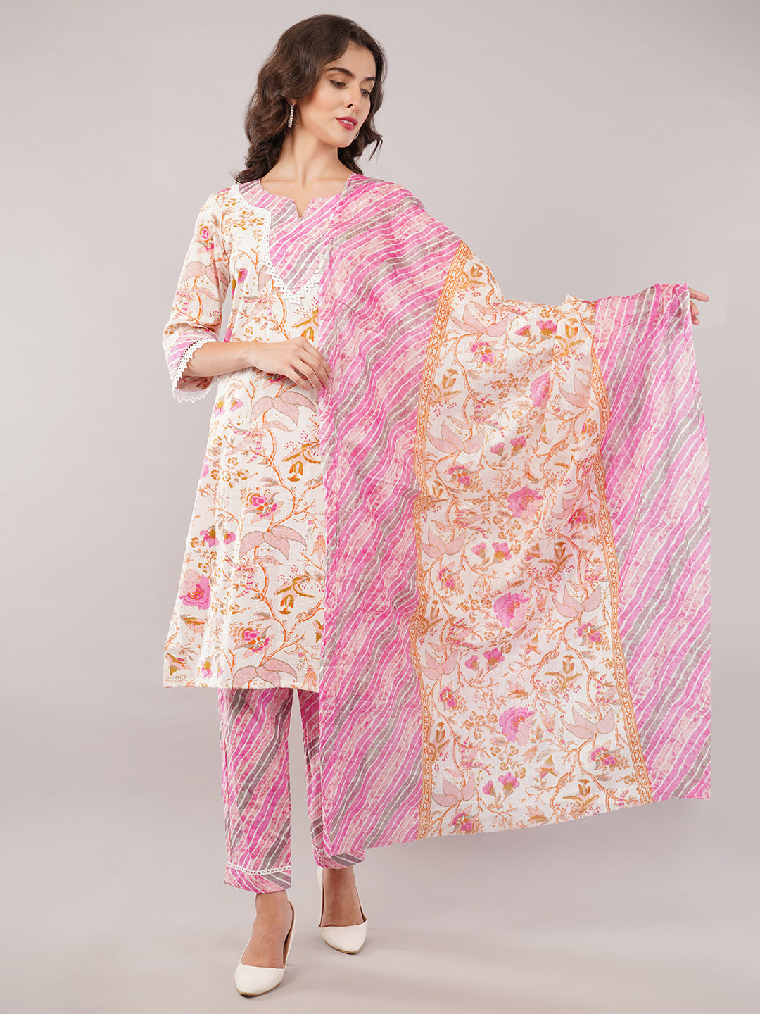 Pink white lehariya cotton set