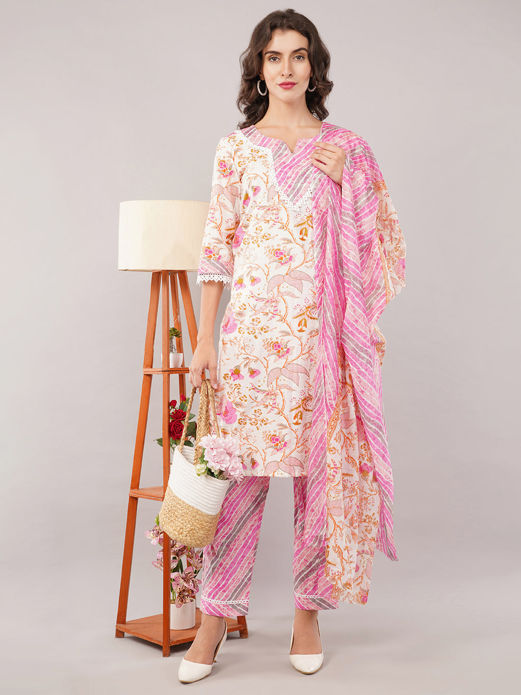 Pink white lehariya cotton set