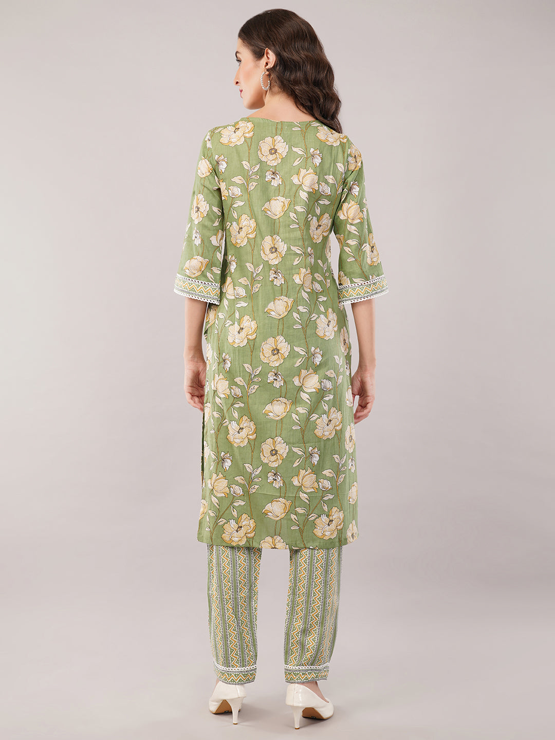 Green cotton detailed kurti set