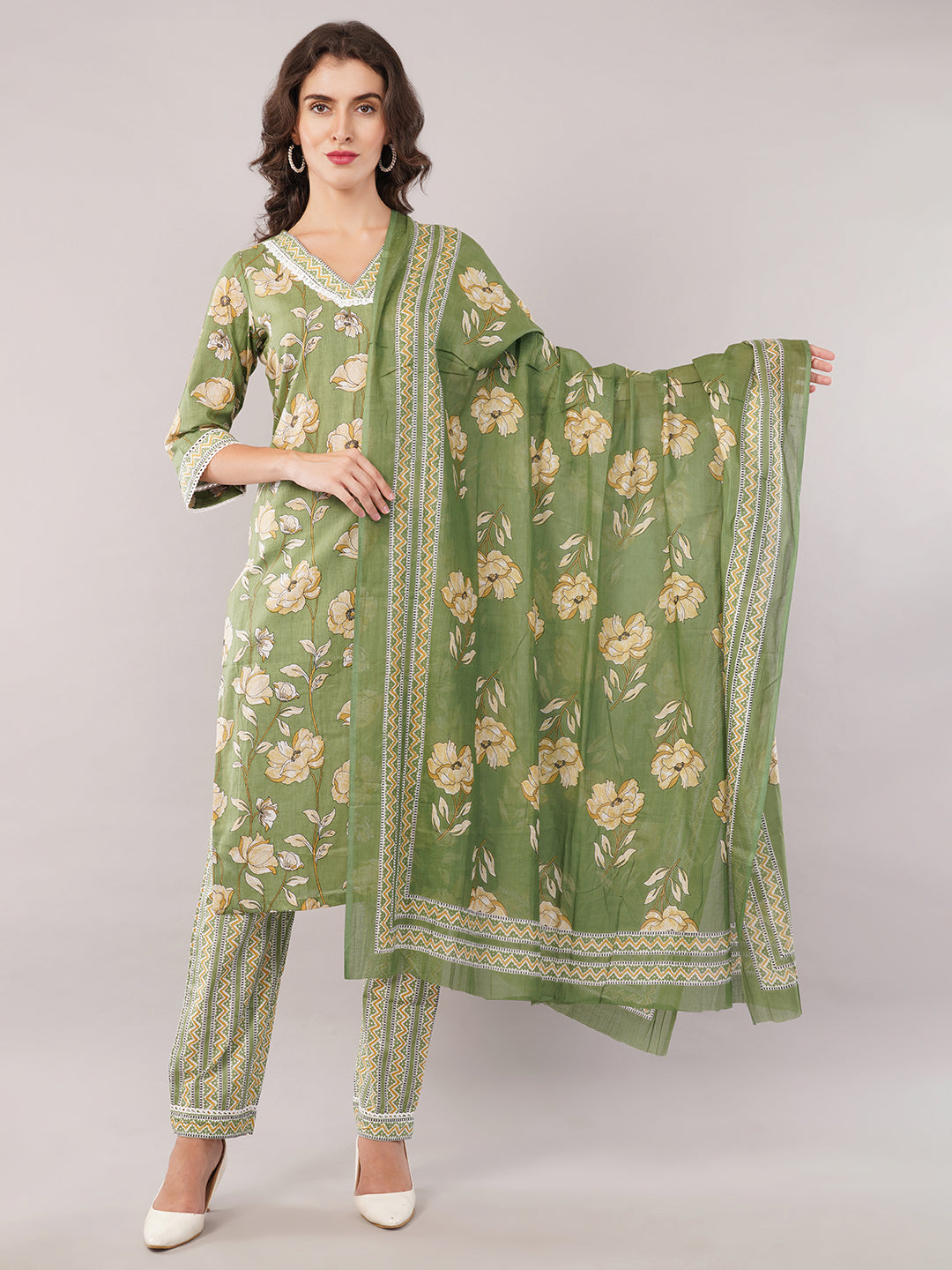 Green cotton detailed kurti set