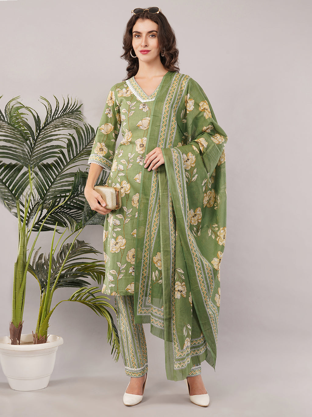 Green cotton detailed kurti set