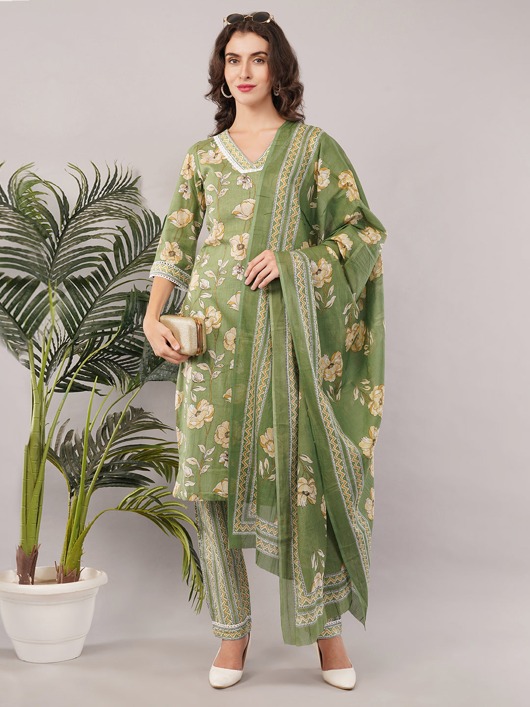 Green cotton detailed kurti set