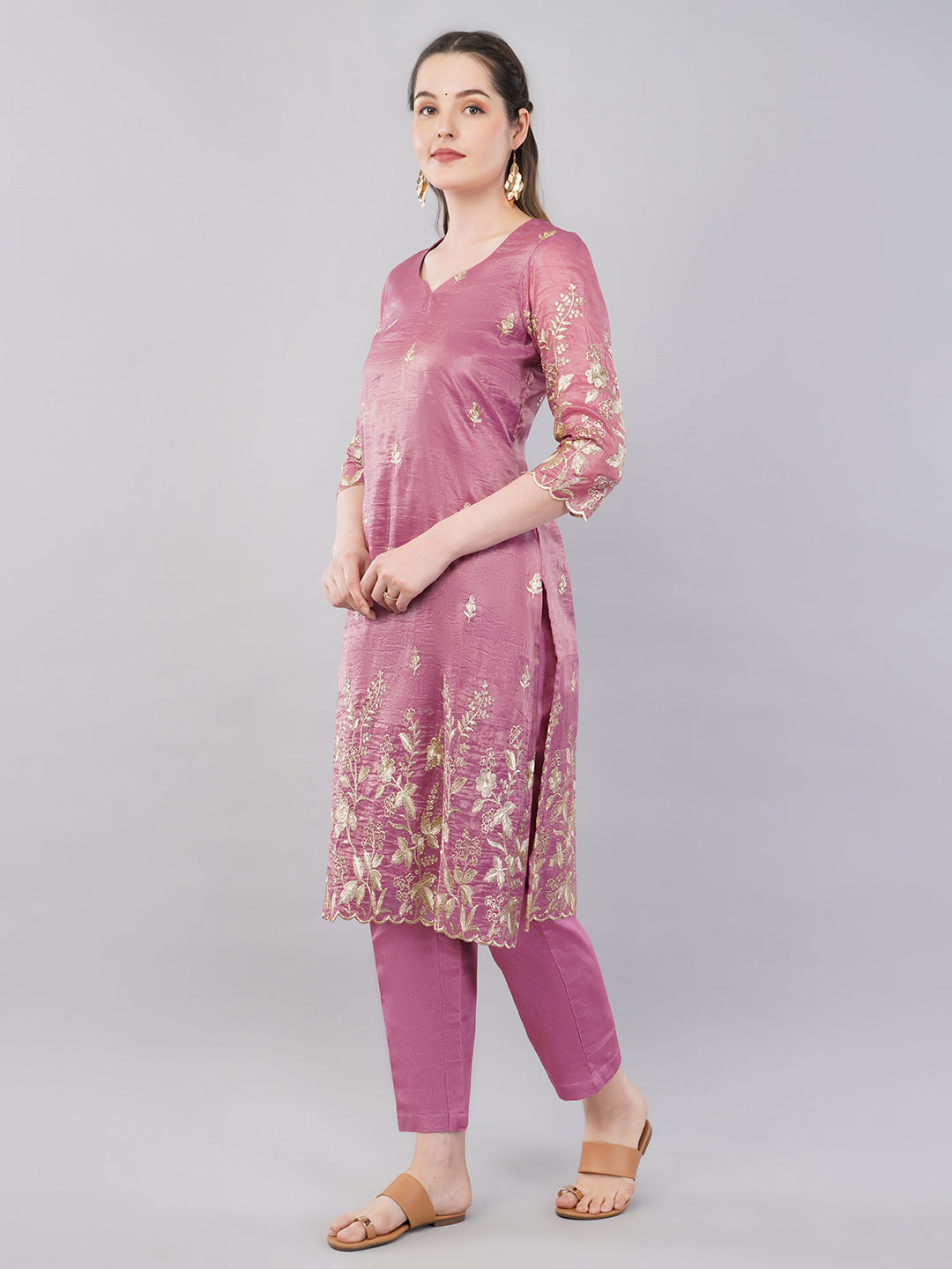 Pink Zari work kurti set