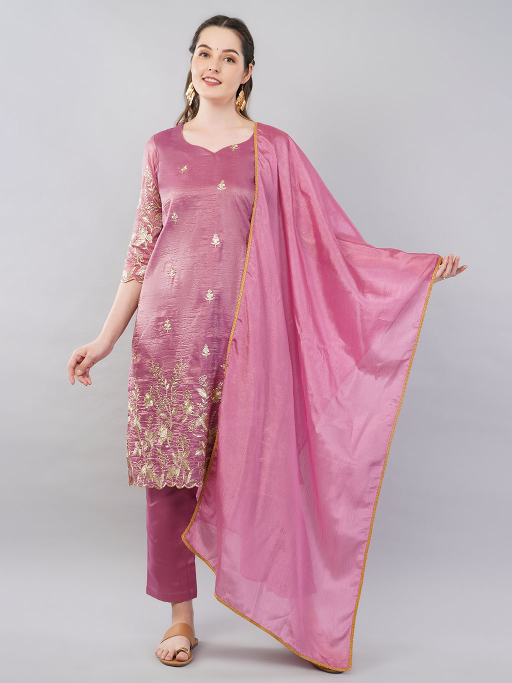 Pink Zari work kurti set
