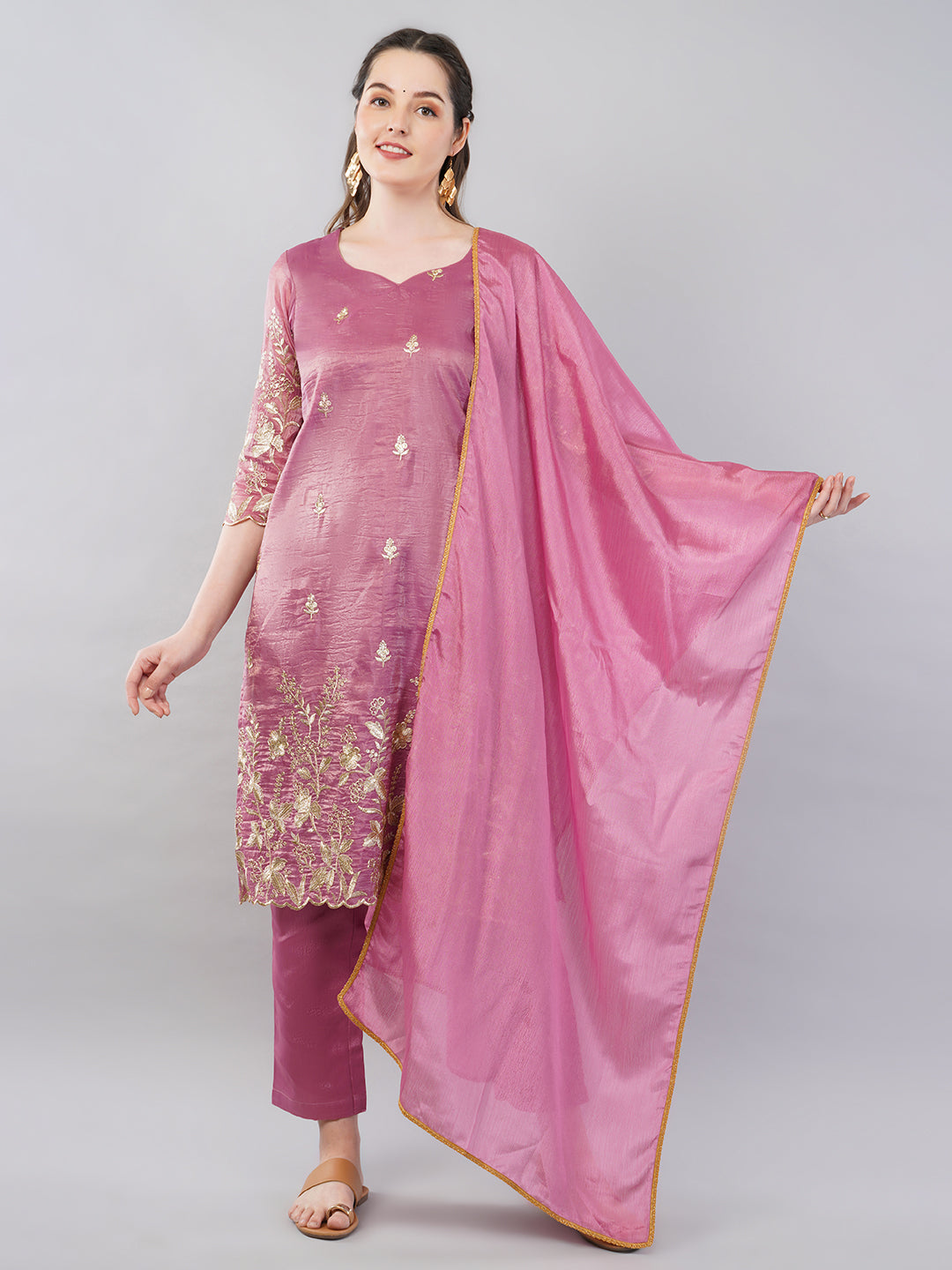 Pink Zari work kurti set