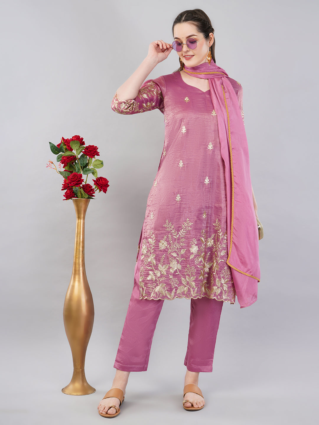 Pink Zari work kurti set