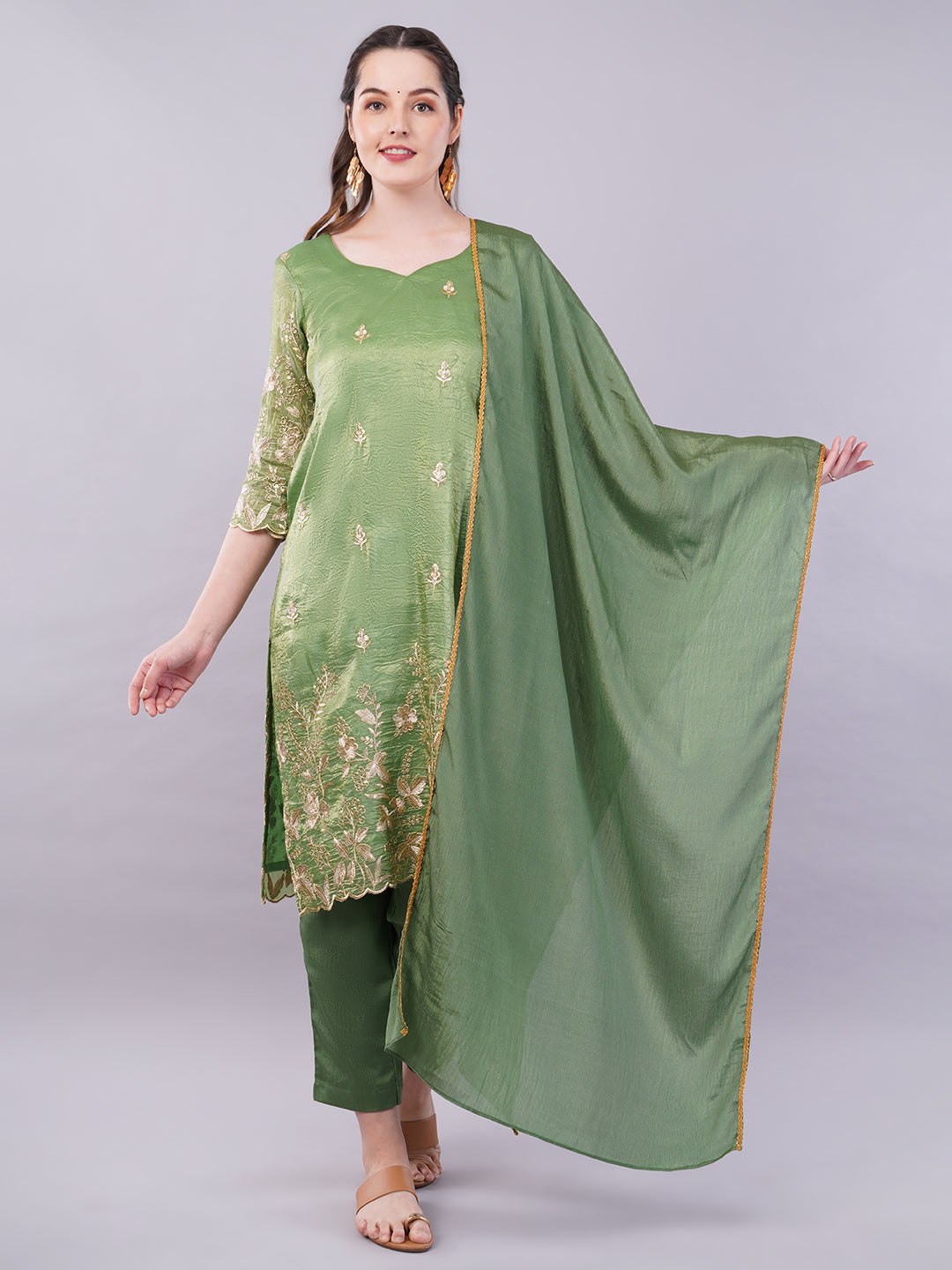 Green Zari work kurti set