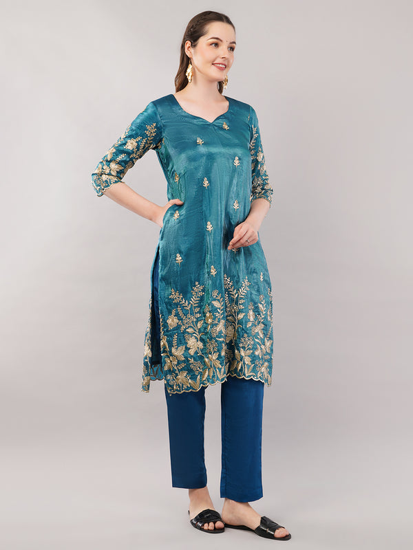Blue Zari work kurti set