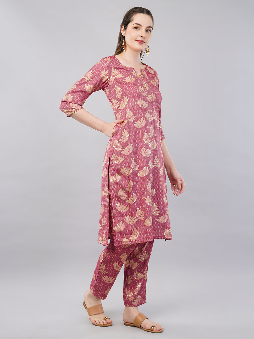 Peach rayon cotton kurta & trouser