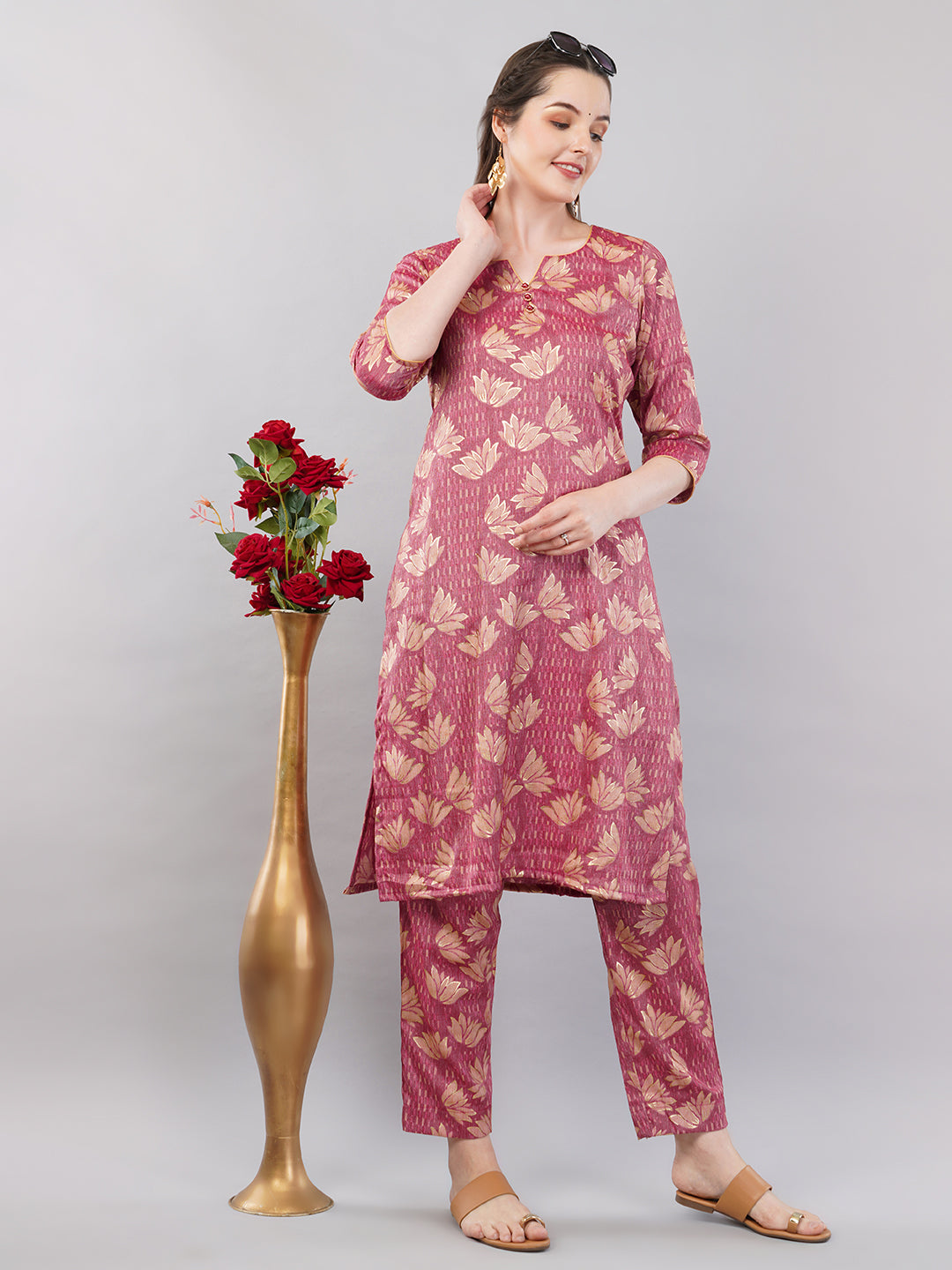 Peach rayon cotton kurta & trouser