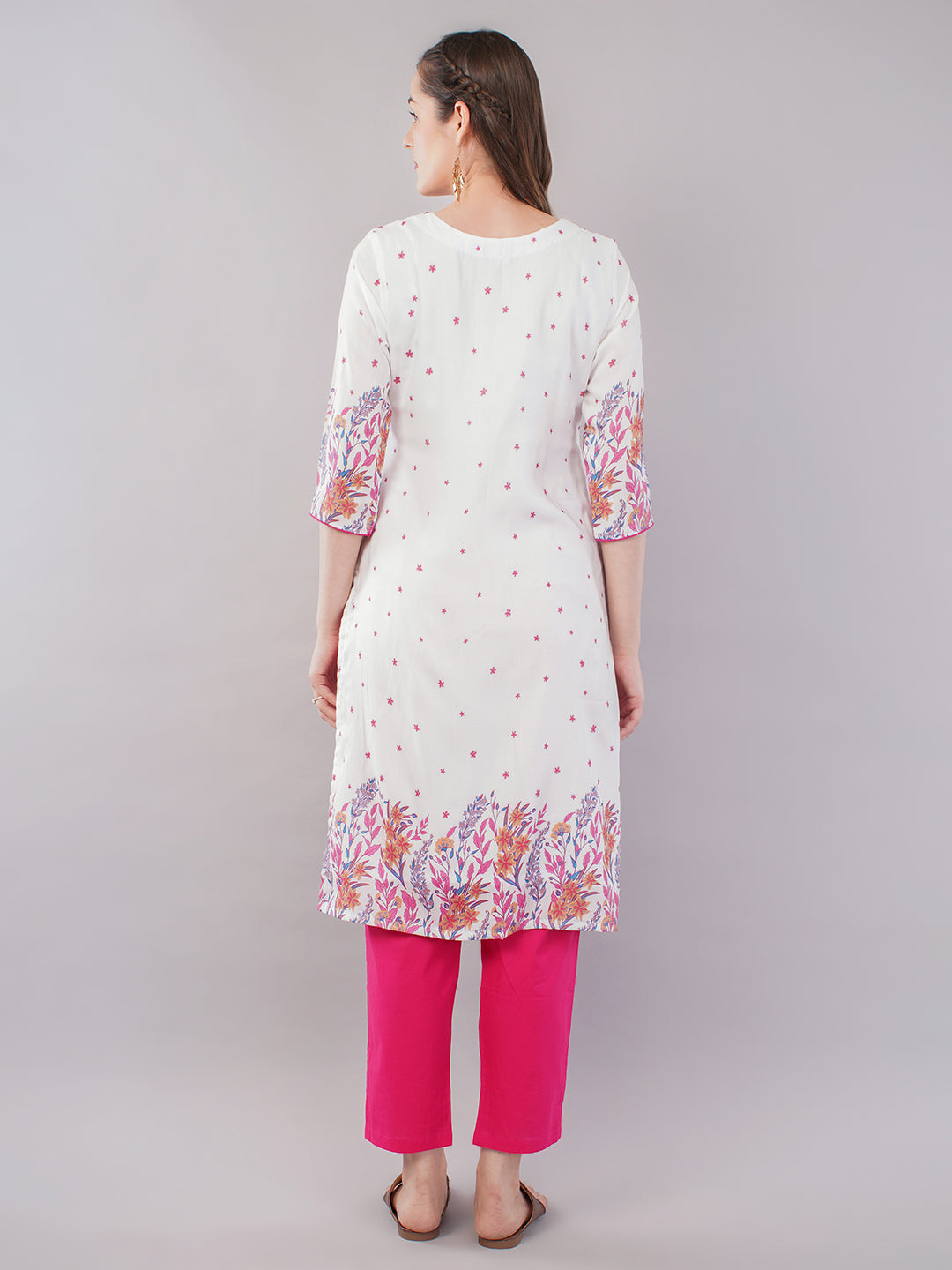 White pink embellished kurti & trouser