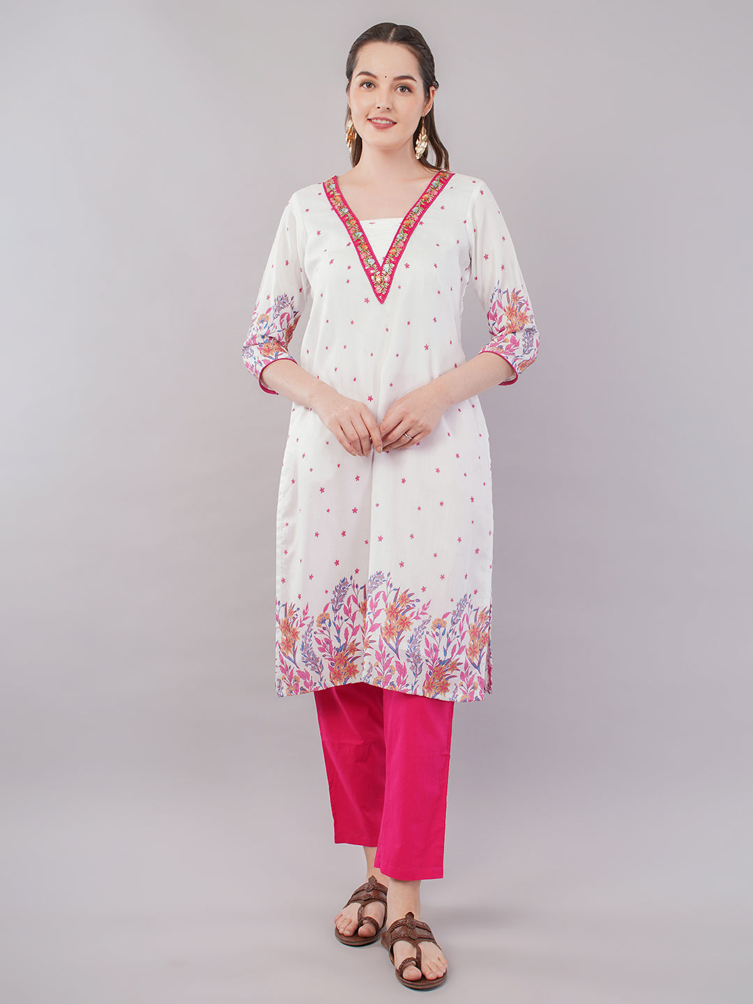 White pink embellished kurti & trouser