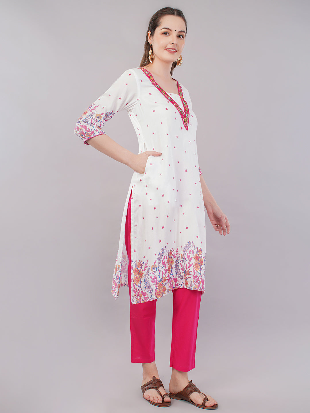 White pink embellished kurti & trouser