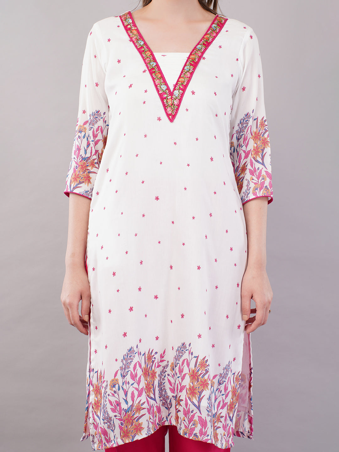 White pink embellished kurti & trouser
