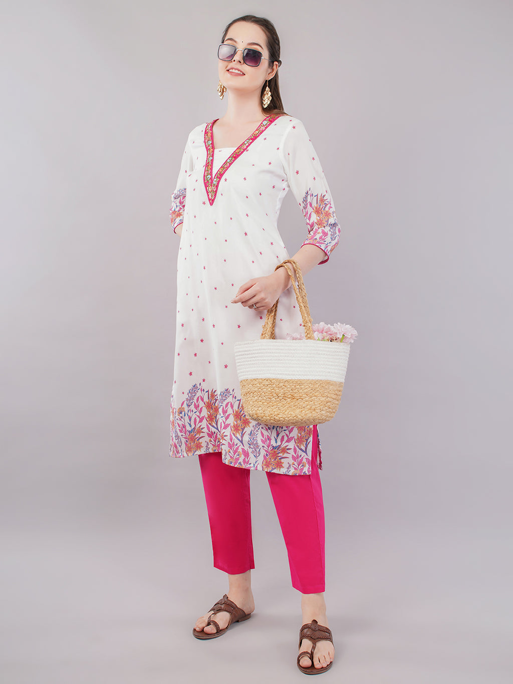 White pink embellished kurti & trouser