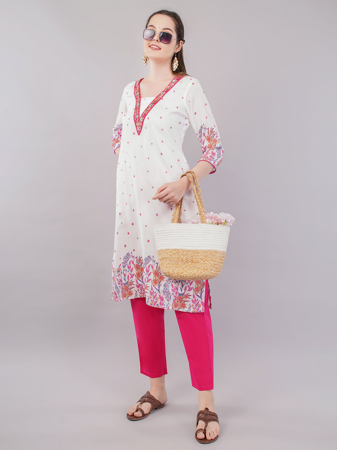White pink embellished kurti & trouser