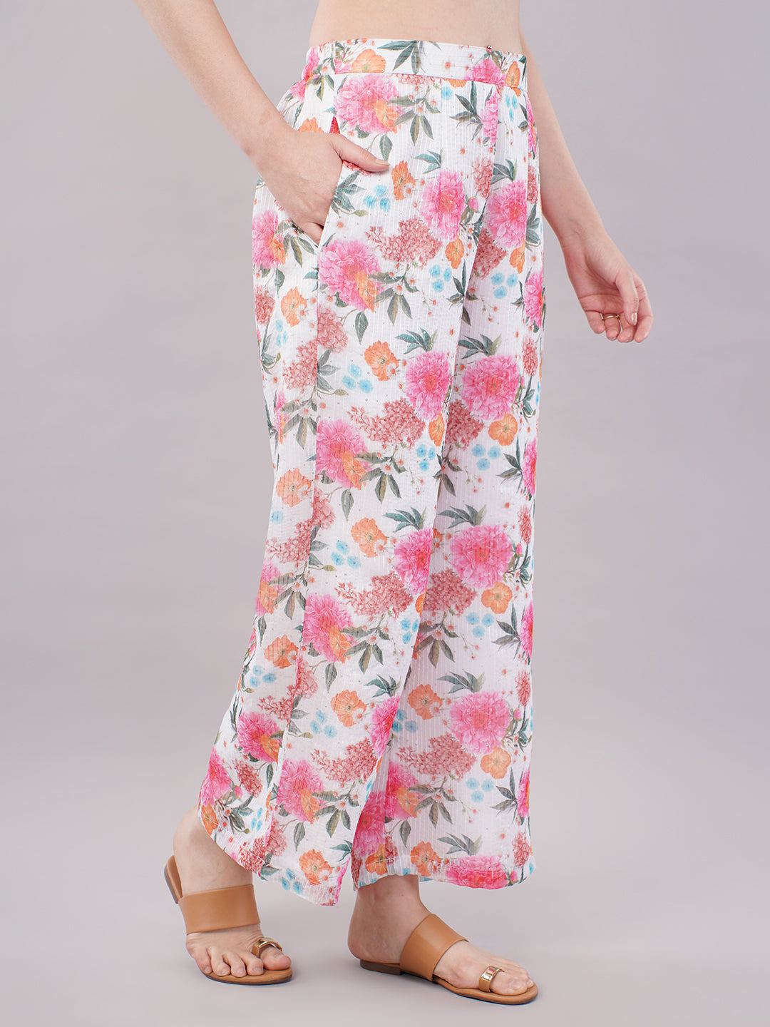 White pink sequence work top & trouser
