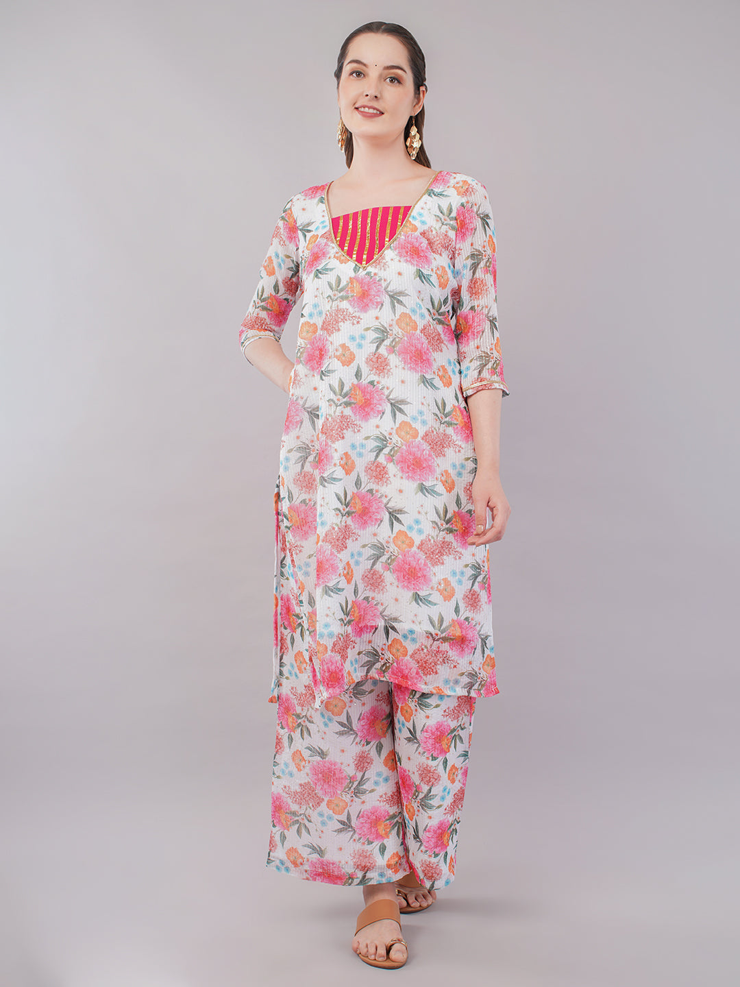 White pink sequence work top & trouser