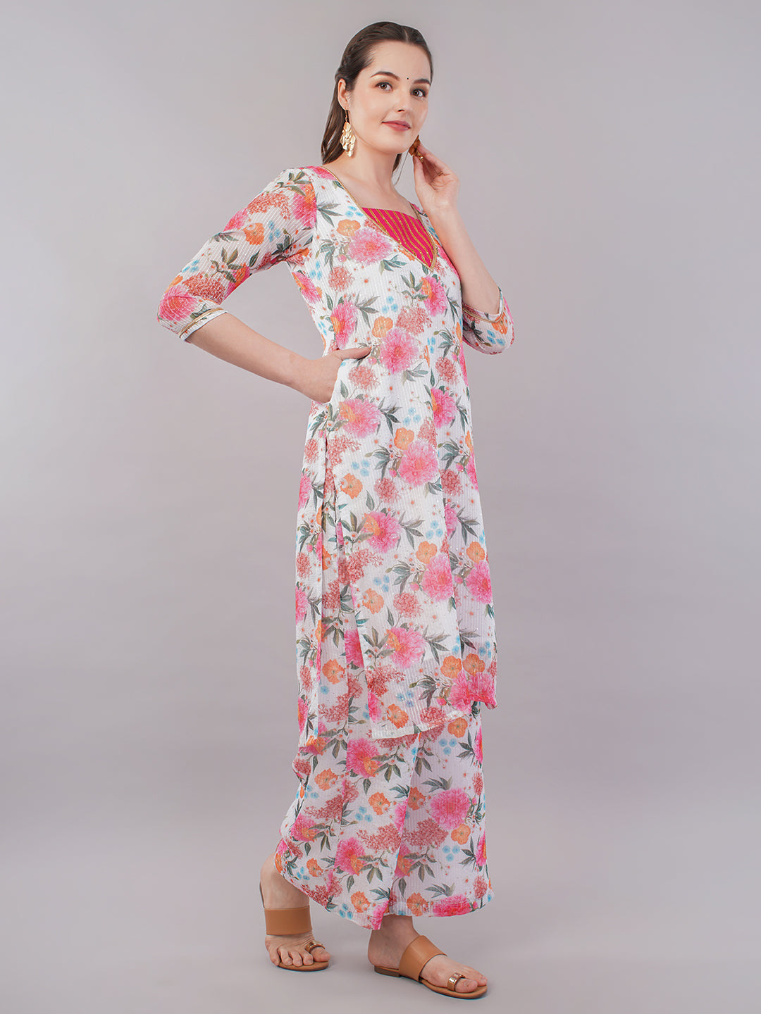 White pink sequence work top & trouser