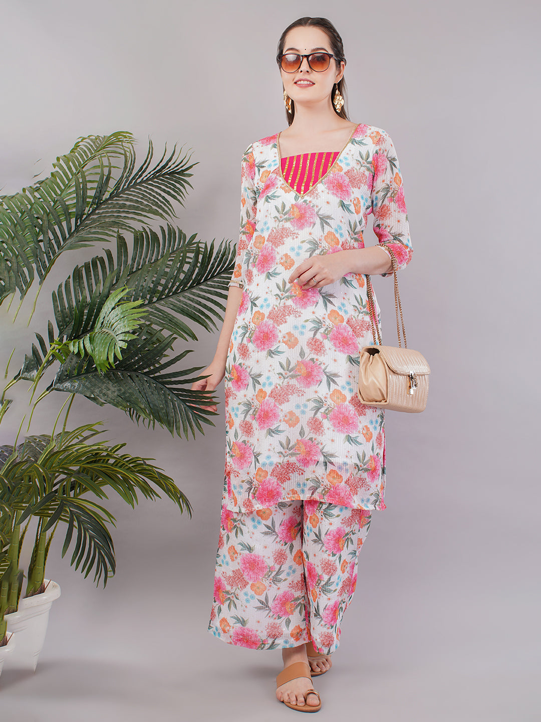 White pink sequence work top & trouser
