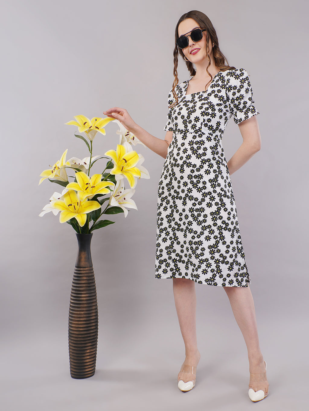 White black  floral midi dress