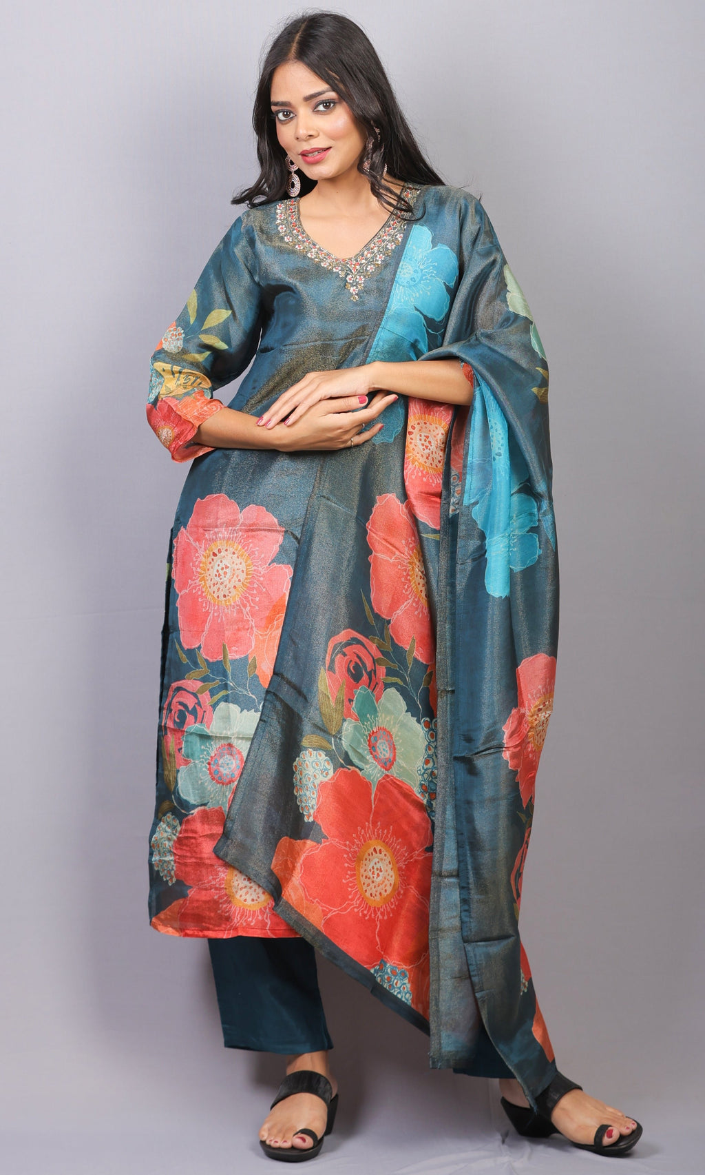 Mishy Blue shimmer silk straight kurti set with neck detail