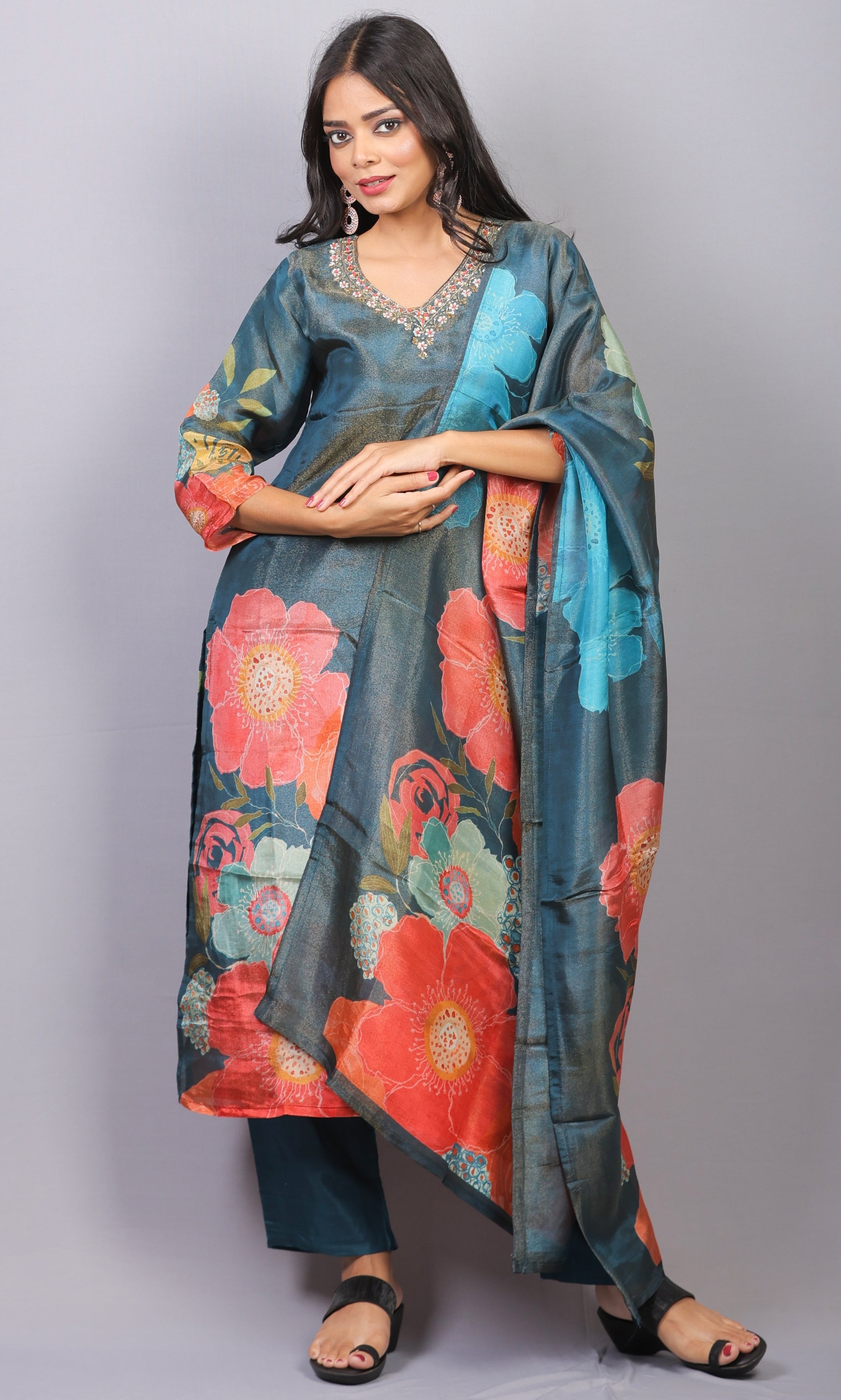 Mishy Blue shimmer silk straight kurti set with neck detail